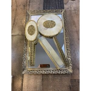 Apollo Ormolu Vanity Set of 4 Hollywood Regency Filigree Mirrors Comb Brush Vtg